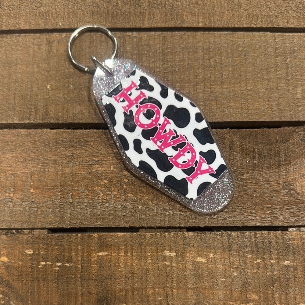 Cow Print Keychain with Pink 'Howdy'